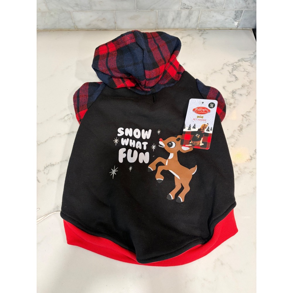Rudolph Red-Nosed Reindeer Pet Hoodie Dog Shirt Black Plaid Snow What Fun Medium